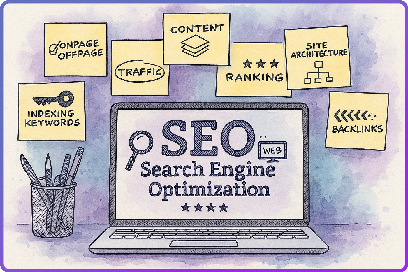 Laptop mit Schriftzug "SEO – Search Engine Optimization", umgeben von Post-its mit Begriffen wie Keywords, Backlinks, Content