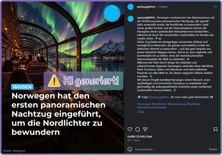 Panorama Nachtzug mit Nordlichtern in Norwegen