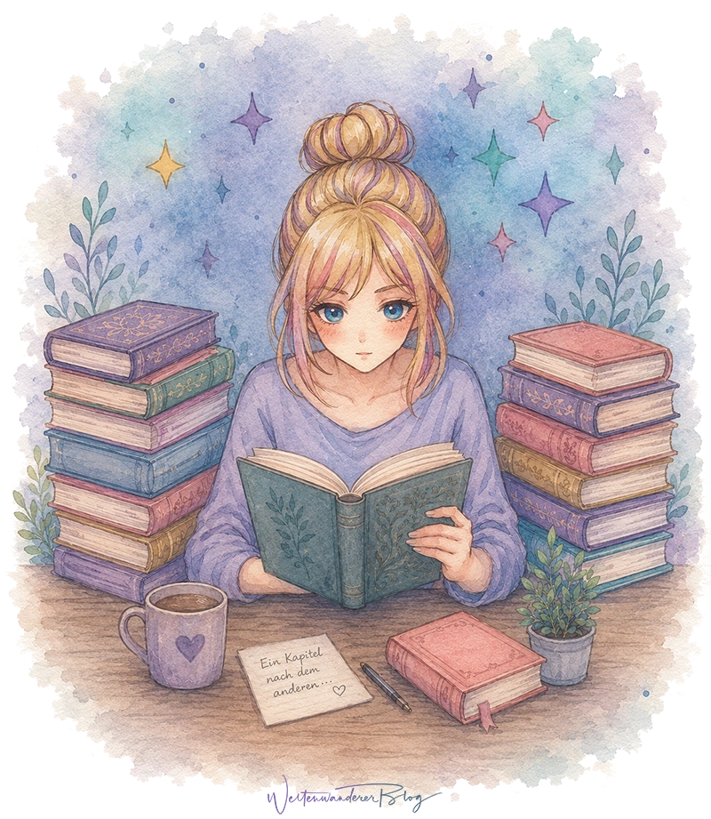 lesende hexe mit buchstapeln